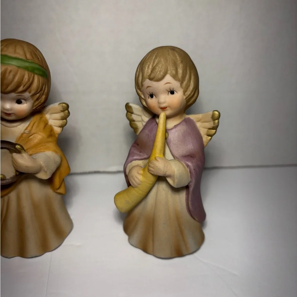Lefton Holiday Angel Figurines With Musical Instruments Hand Painted #2473